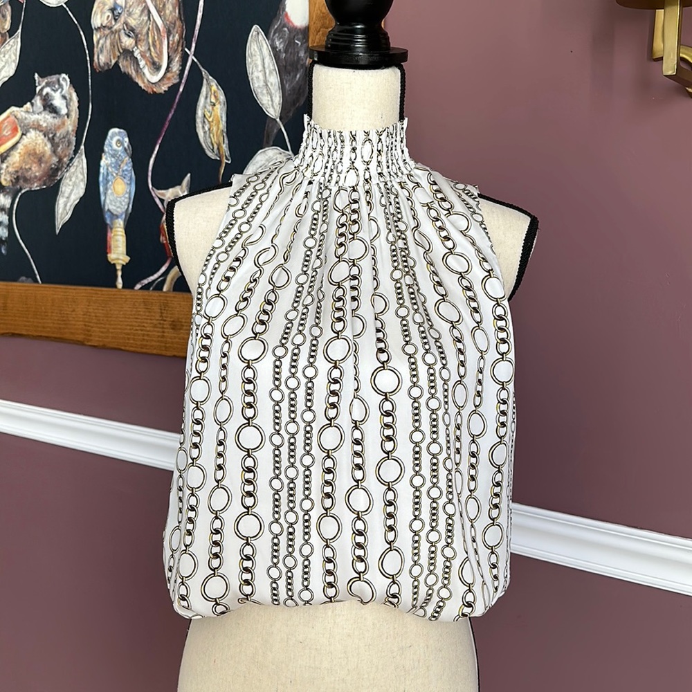 Banana Republic Flowy Chain Print Blouse with Button Closure Mock Neck Size XS